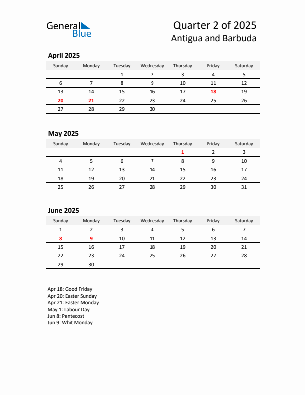 2025 Q2 Three-Month Calendar for Antigua and Barbuda