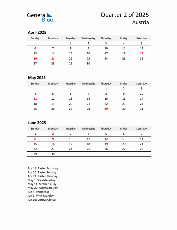 2025 Q2 Three-Month Calendar for Austria