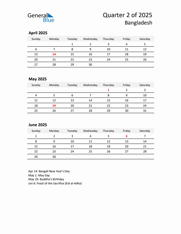 2025 Q2 Three-Month Calendar for Bangladesh