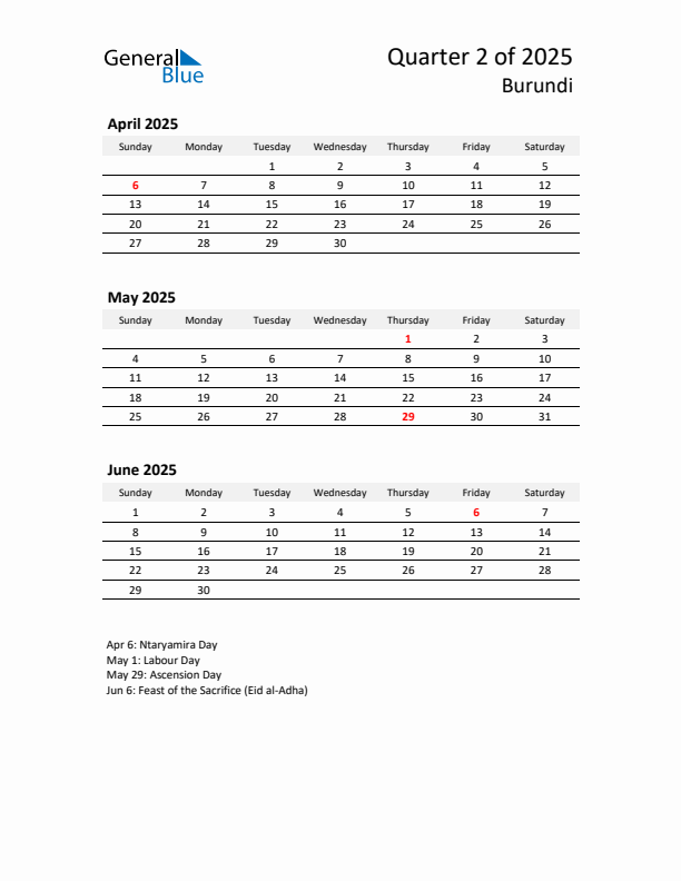 2025 Q2 Three-Month Calendar for Burundi