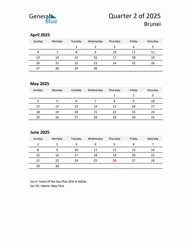 2025 Q2 Three-Month Calendar for Brunei