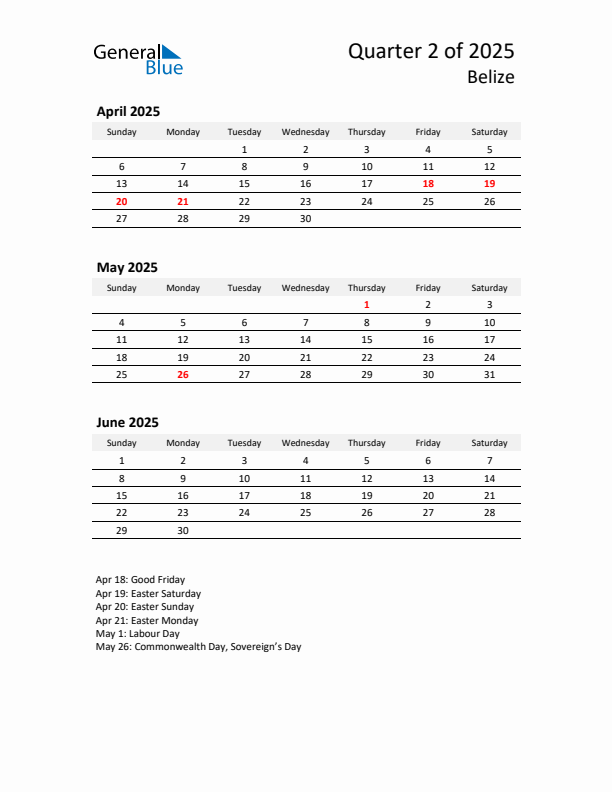 2025 Q2 Three-Month Calendar for Belize