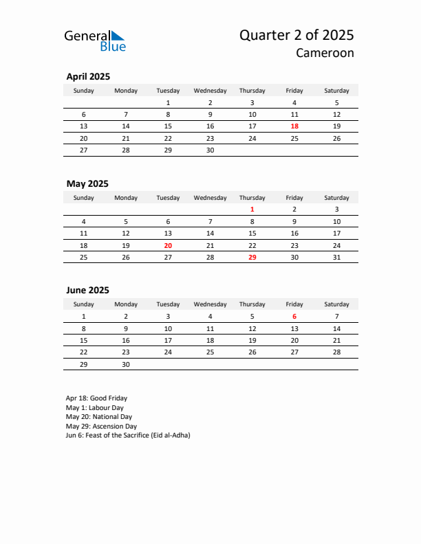 2025 Q2 Three-Month Calendar for Cameroon