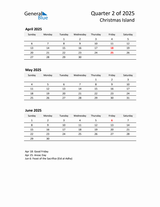 2025 Q2 Three-Month Calendar for Christmas Island