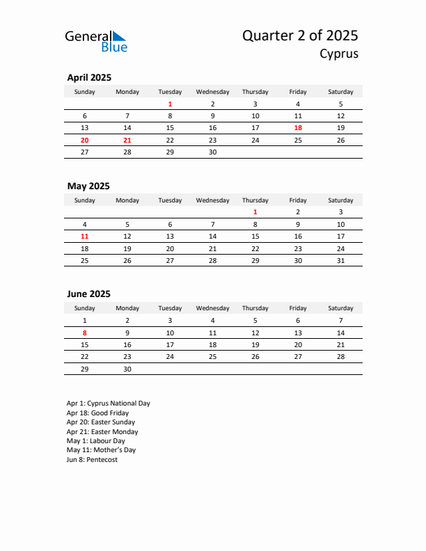 2025 Q2 Three-Month Calendar for Cyprus