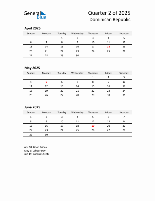 2025 Q2 Three-Month Calendar for Dominican Republic