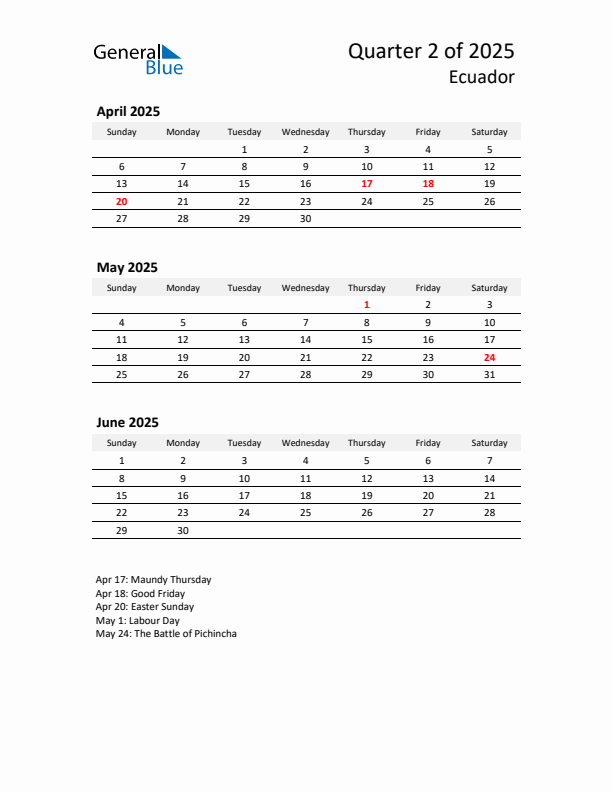 2025 Q2 Three-Month Calendar for Ecuador