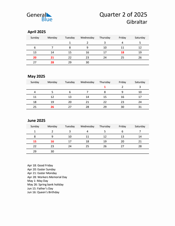 2025 Q2 Three-Month Calendar for Gibraltar