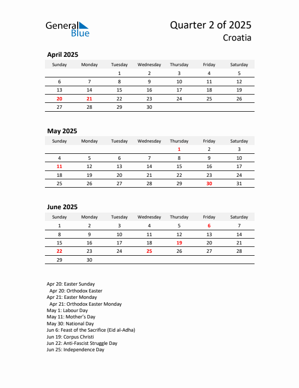 2025 Q2 Three-Month Calendar for Croatia