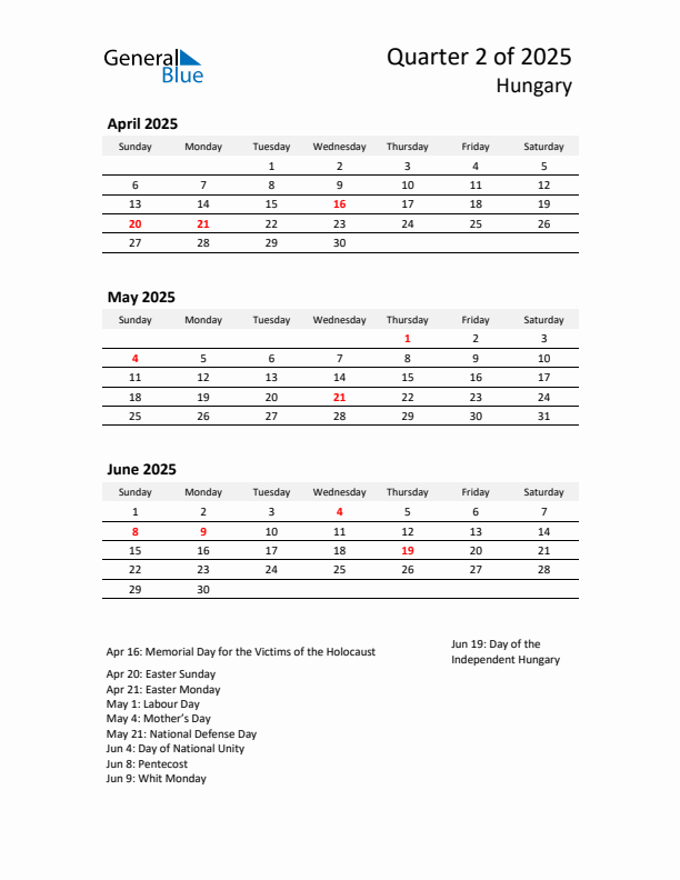 2025 Q2 Three-Month Calendar for Hungary