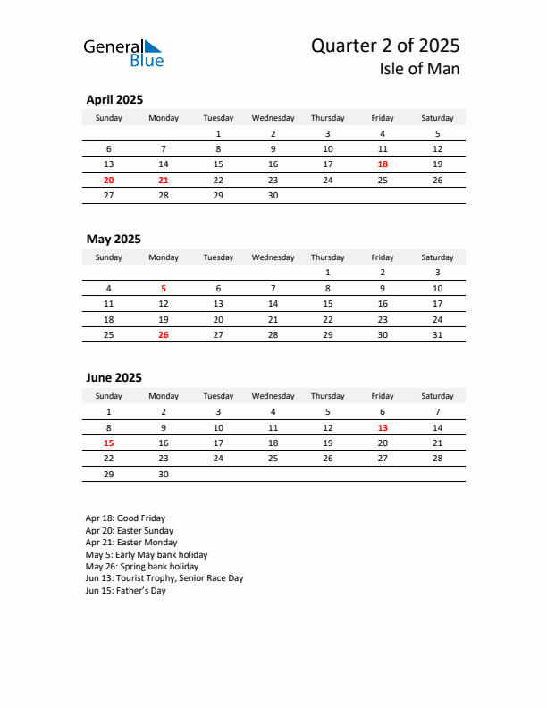 2025 Q2 Three-Month Calendar for Isle of Man