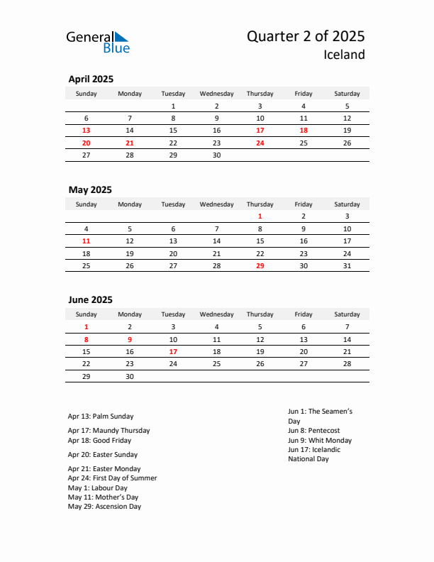 2025 Q2 Three-Month Calendar for Iceland