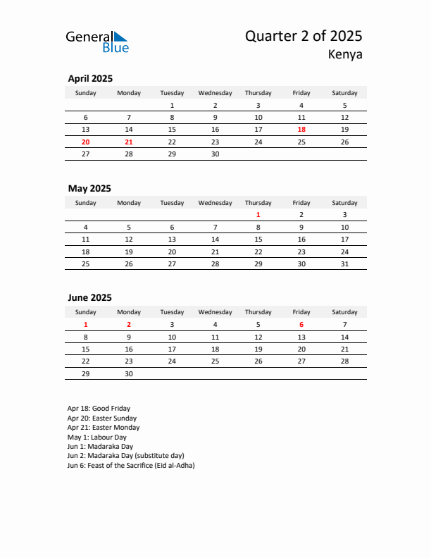 2025 Q2 Three-Month Calendar for Kenya