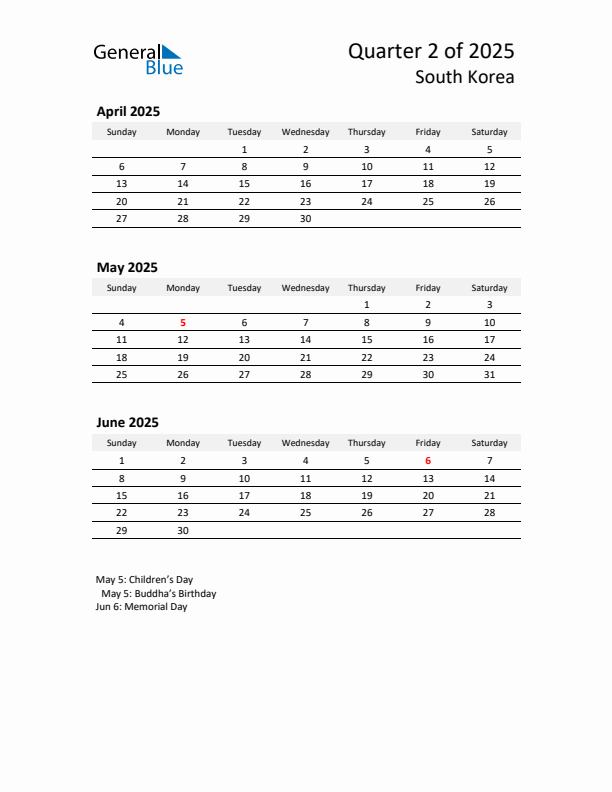 2025 Q2 Three-Month Calendar for South Korea