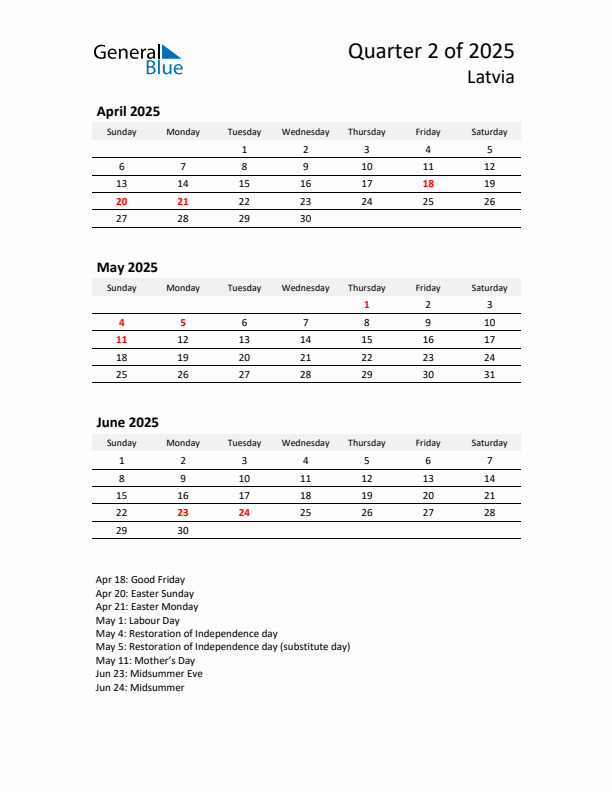 2025 Q2 Three-Month Calendar for Latvia