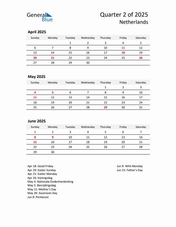 2025 Q2 Three-Month Calendar for The Netherlands