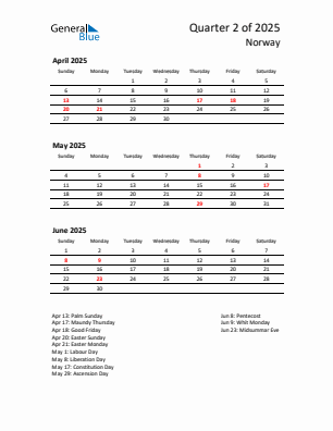 Norway Quarter 2 2025 calendar template
