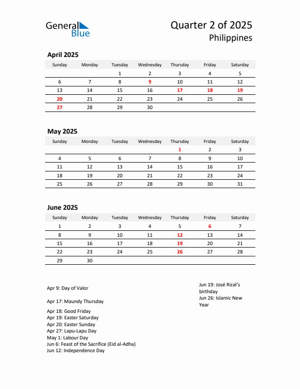 2025 Q2 Three-Month Calendar for Philippines