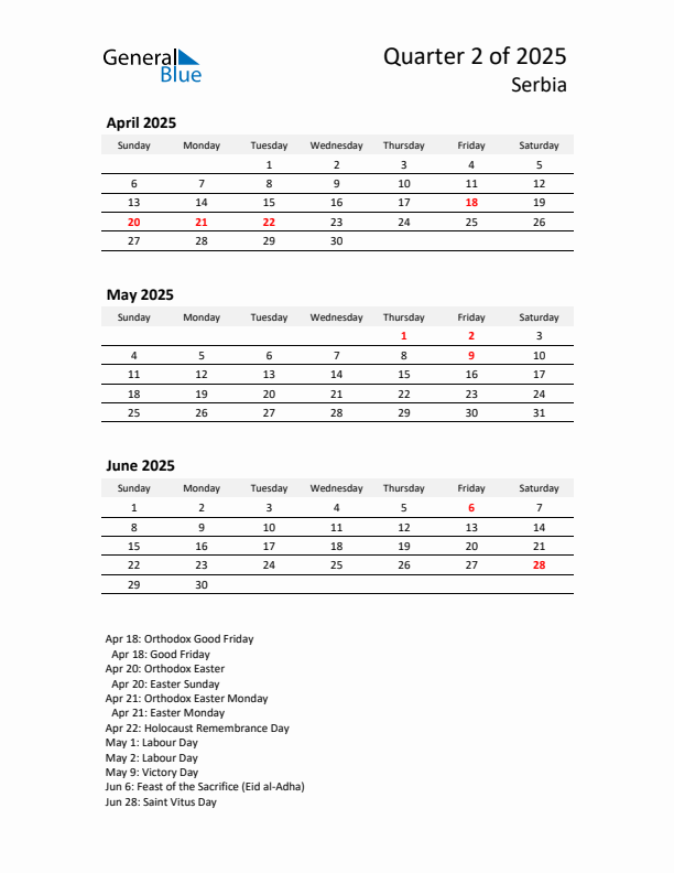 2025 Q2 Three-Month Calendar for Serbia