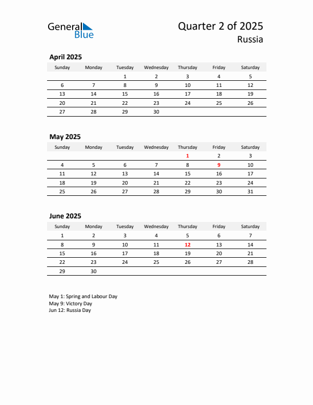 2025 Q2 Three-Month Calendar for Russia