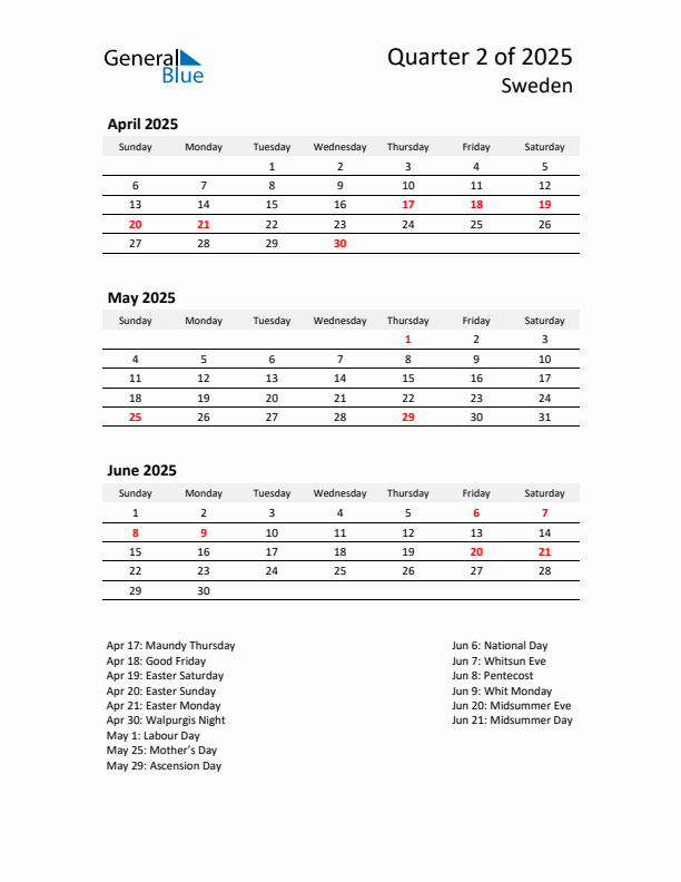 2025 Q2 Three-Month Calendar for Sweden