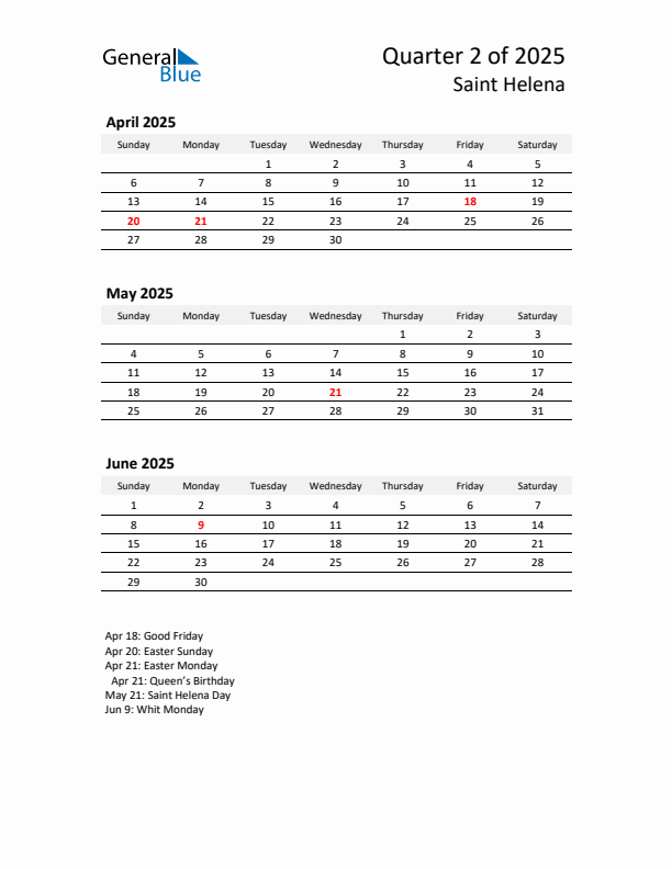 2025 Q2 Three-Month Calendar for Saint Helena