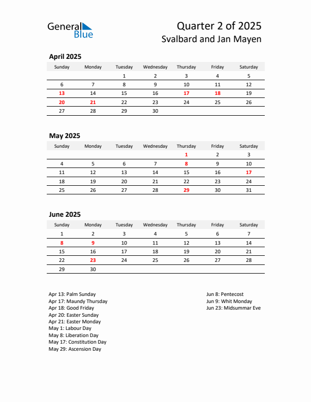 2025 Q2 Three-Month Calendar for Svalbard and Jan Mayen