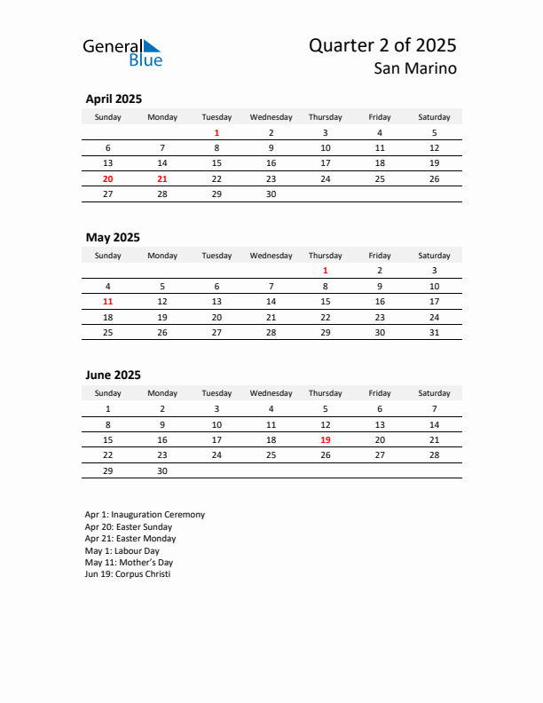 2025 Q2 Three-Month Calendar for San Marino