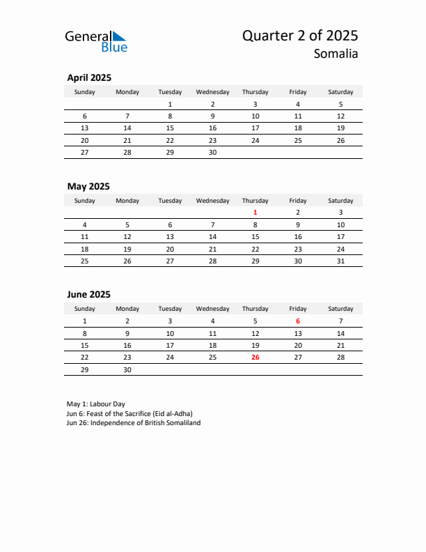 2025 Q2 Three-Month Calendar for Somalia