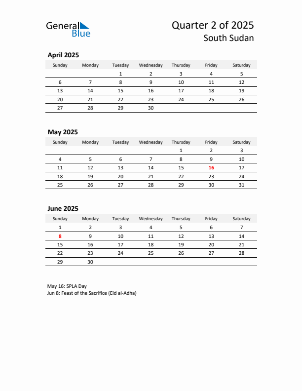 2025 Q2 Three-Month Calendar for South Sudan