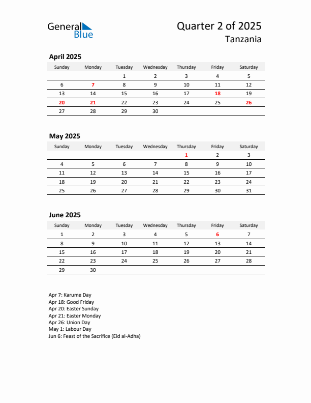 2025 Q2 Three-Month Calendar for Tanzania