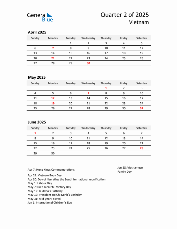 2025 Q2 Three-Month Calendar for Vietnam