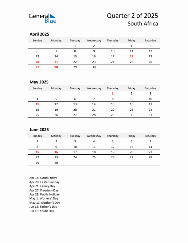 2025 Q2 Three-Month Calendar for South Africa