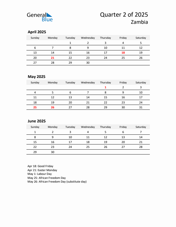 2025 Q2 Three-Month Calendar for Zambia