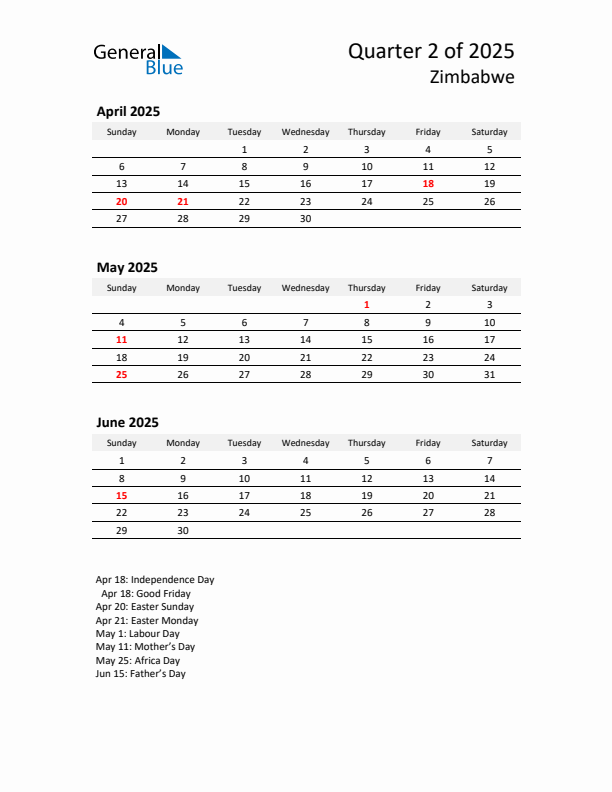 2025 Q2 Three-Month Calendar for Zimbabwe