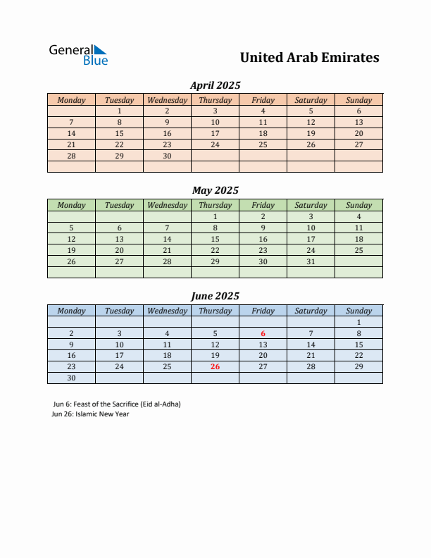 Q2 2025 Holiday Calendar - United Arab Emirates