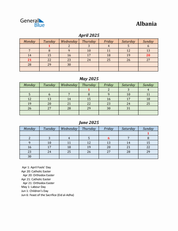 Q2 2025 Holiday Calendar - Albania