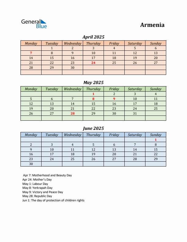 Q2 2025 Holiday Calendar - Armenia