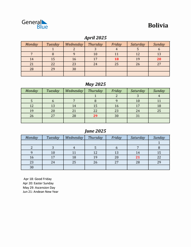 Q2 2025 Holiday Calendar - Bolivia