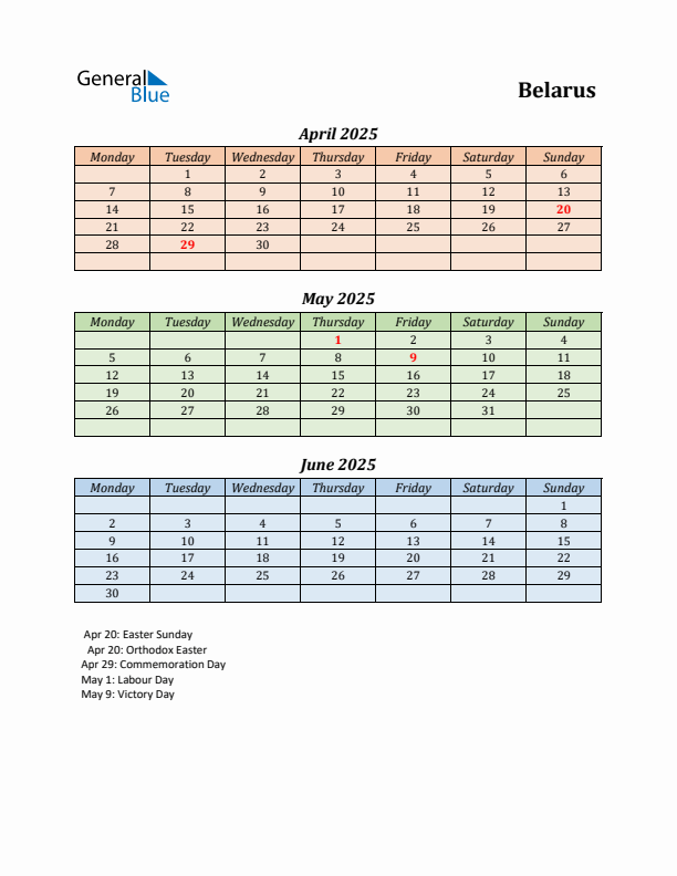 Q2 2025 Holiday Calendar - Belarus