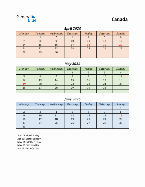 Q2 2025 Holiday Calendar - Canada