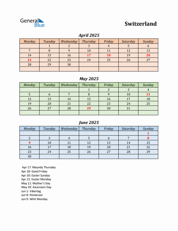 Q2 2025 Holiday Calendar - Switzerland