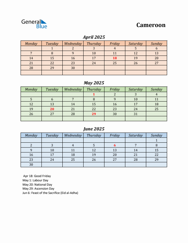 Q2 2025 Holiday Calendar - Cameroon