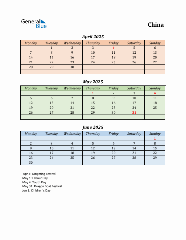 Q2 2025 Holiday Calendar - China