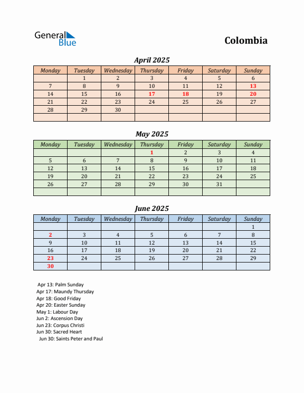 Q2 2025 Holiday Calendar - Colombia