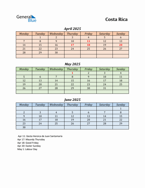 Q2 2025 Holiday Calendar - Costa Rica