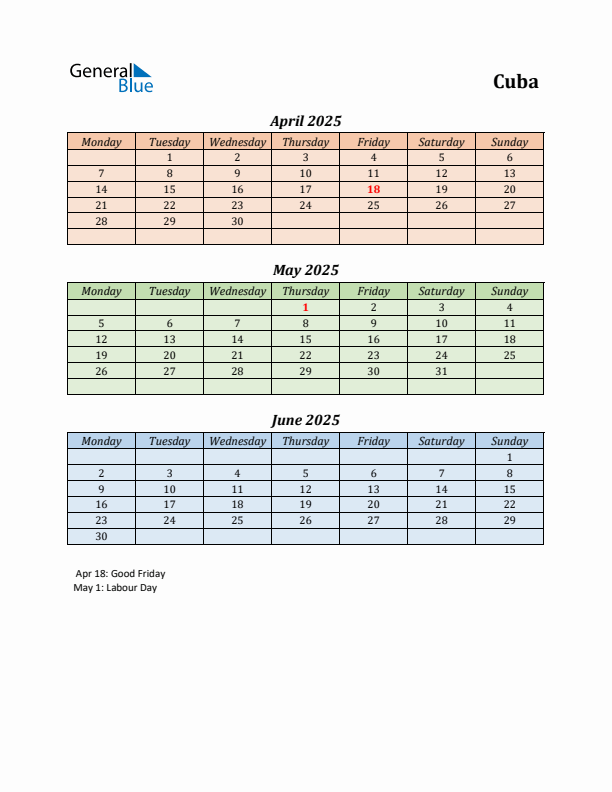 Q2 2025 Holiday Calendar - Cuba