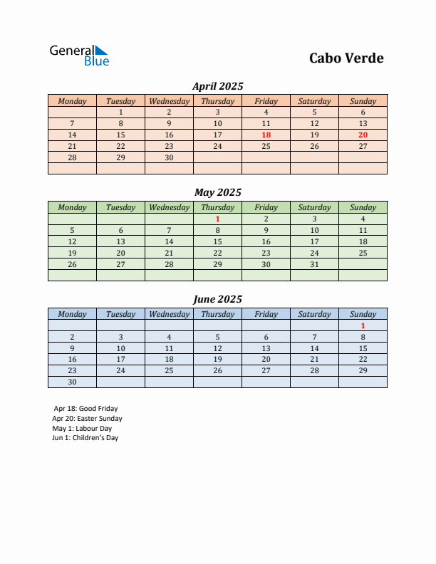 Q2 2025 Holiday Calendar - Cabo Verde