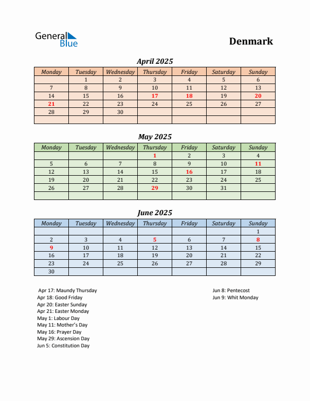 Q2 2025 Holiday Calendar - Denmark