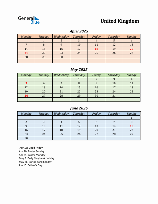 Q2 2025 Holiday Calendar - United Kingdom